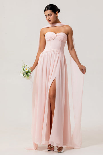 Blush A-Line Strapless Ruched Corset Convertible Long Bridesmaid Dress